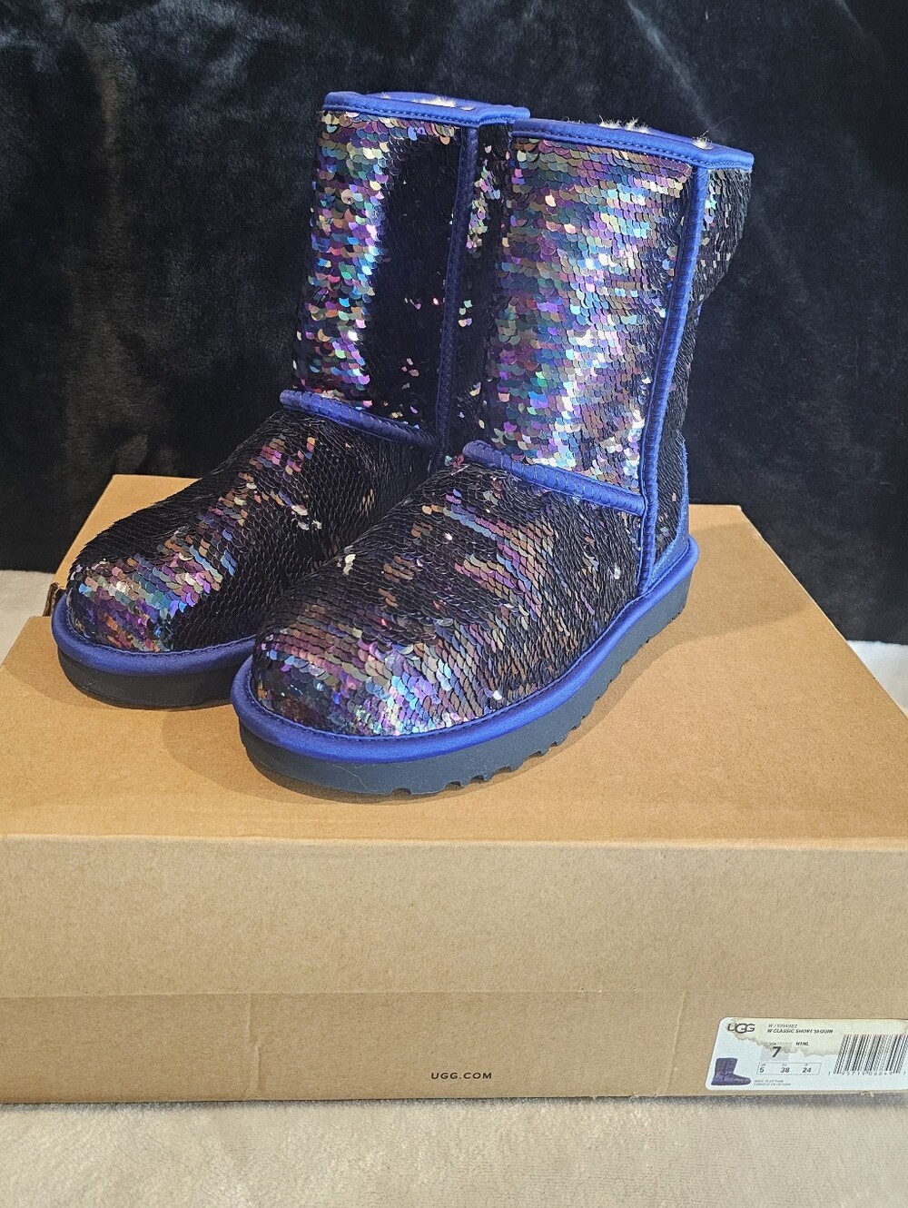 UGG Iridescent Stellar Sequin Classic Short Boots in Blue and Purple